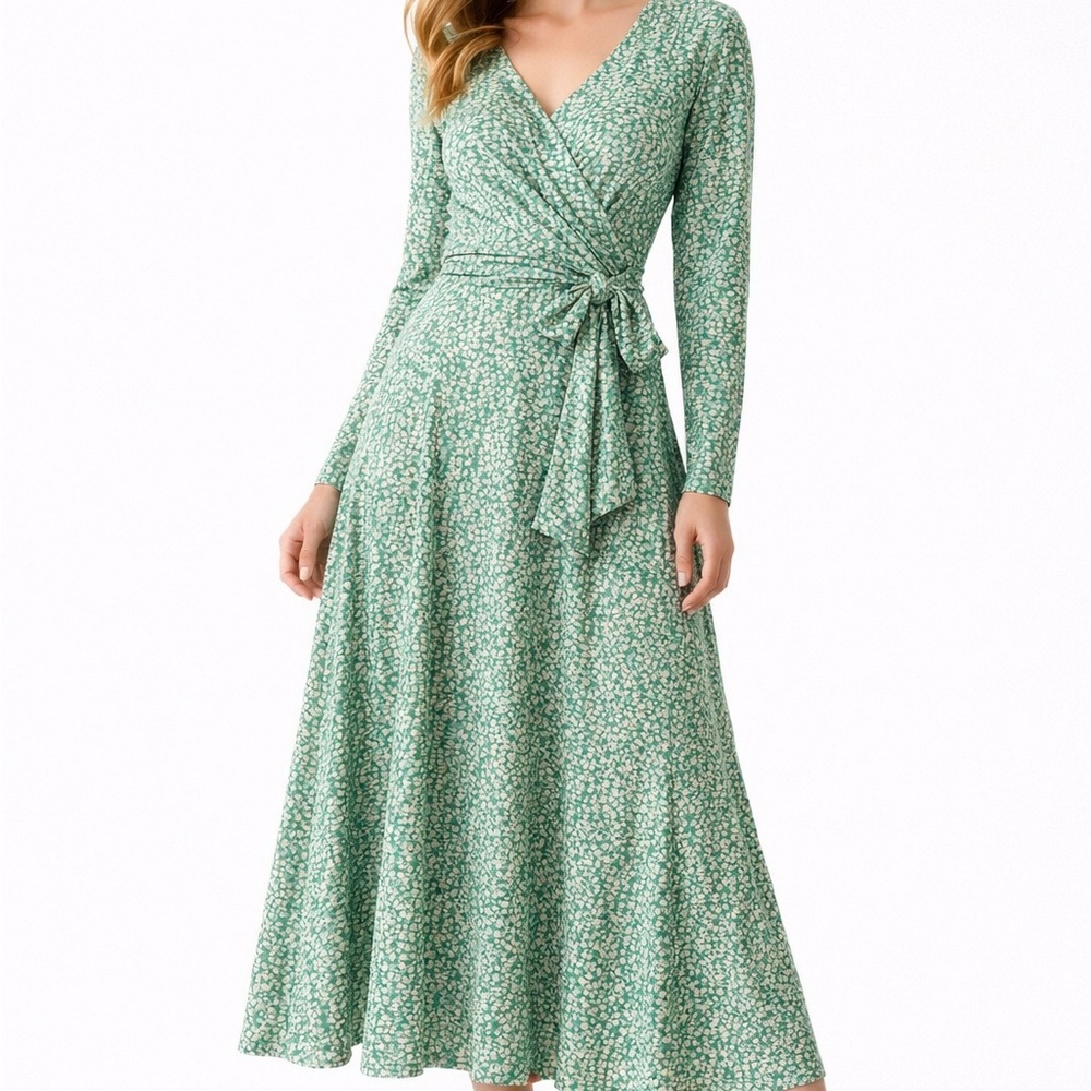 Vintage 70s French Wrap Dress | Green Printed Midi | Made in France